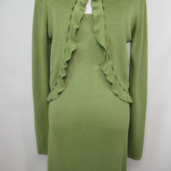 SAINT TROPEZ Green Knit Silk Blend Midi Dress & Ruffle Cardigan Set Size Large - Picture 3 of 14